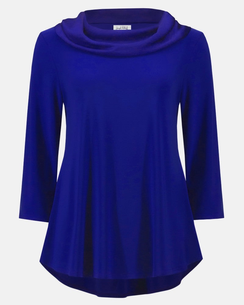 Royal Sapphire Satin & Satin Knit Cowl Neck Flared Top - Joseph Ribkoff