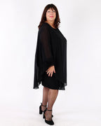 Silky Knit & Chiffon Layered Dress with Fringe Detail black - Joseph Ribkoff