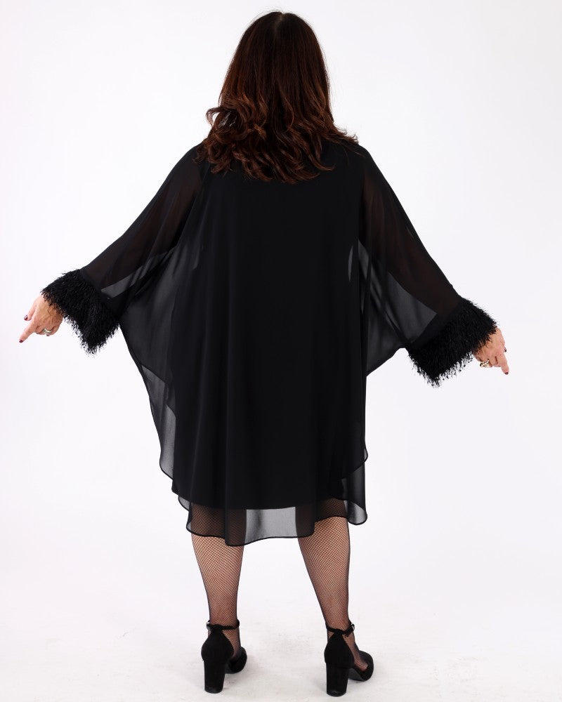 Silky Knit & Chiffon Layered Dress with Fringe Detail black - Joseph Ribkoff