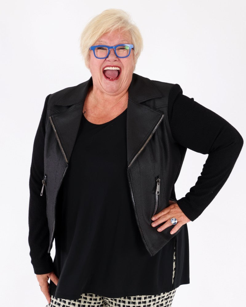 Vintage Metallic Faux Leather And Rib Knit Jacket Black - Charlie B