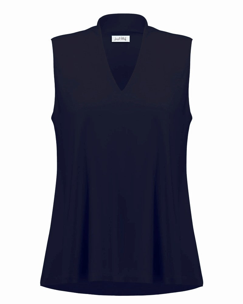 Midnight Blue V-Neck Sleeveless Satin Mesh Trapeze Top - Joseph Ribkoff