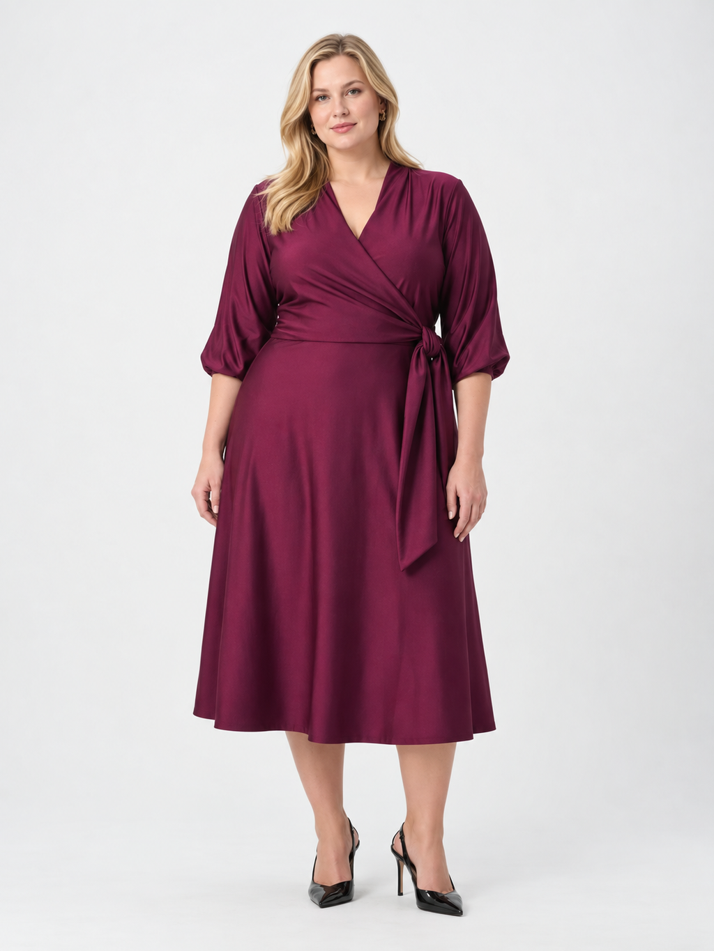 Robe bourgogne cache-cœur fluide en tricot satiné - Joseph Ribkoff