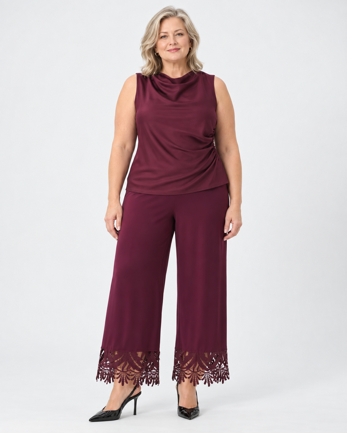 Pantalon-culotte bourgogne à ourlet dentelle - Joseph Ribkoff