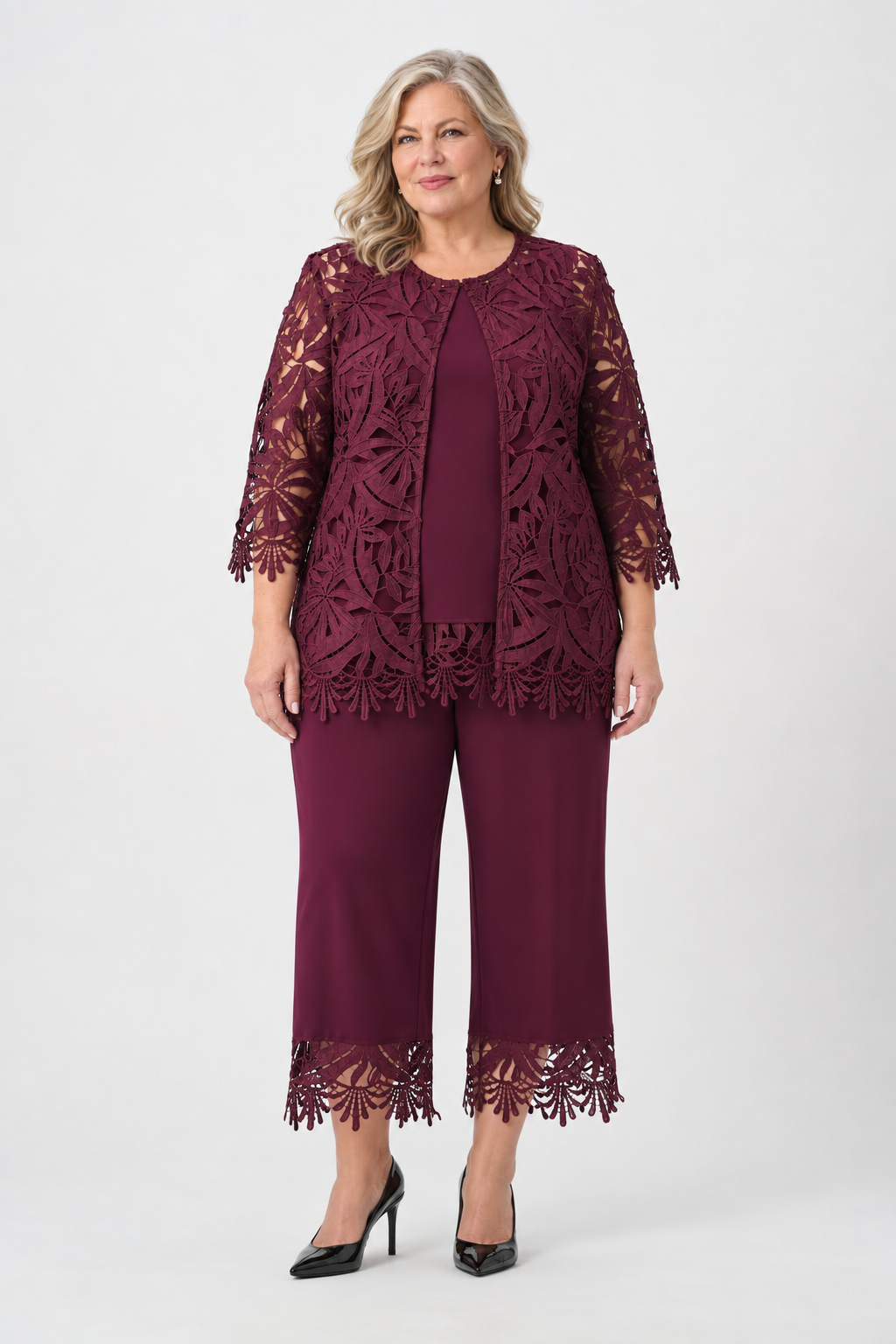 Burgundy guipure lace straight jacket - Joseph Ribkoff
