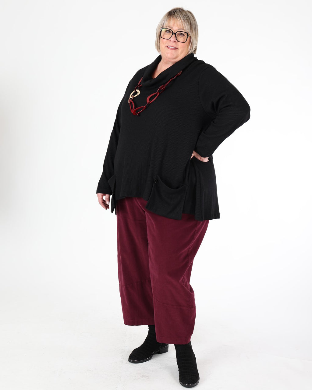 Pantalon large en corduroy extensible Bordeaux – G!OZE