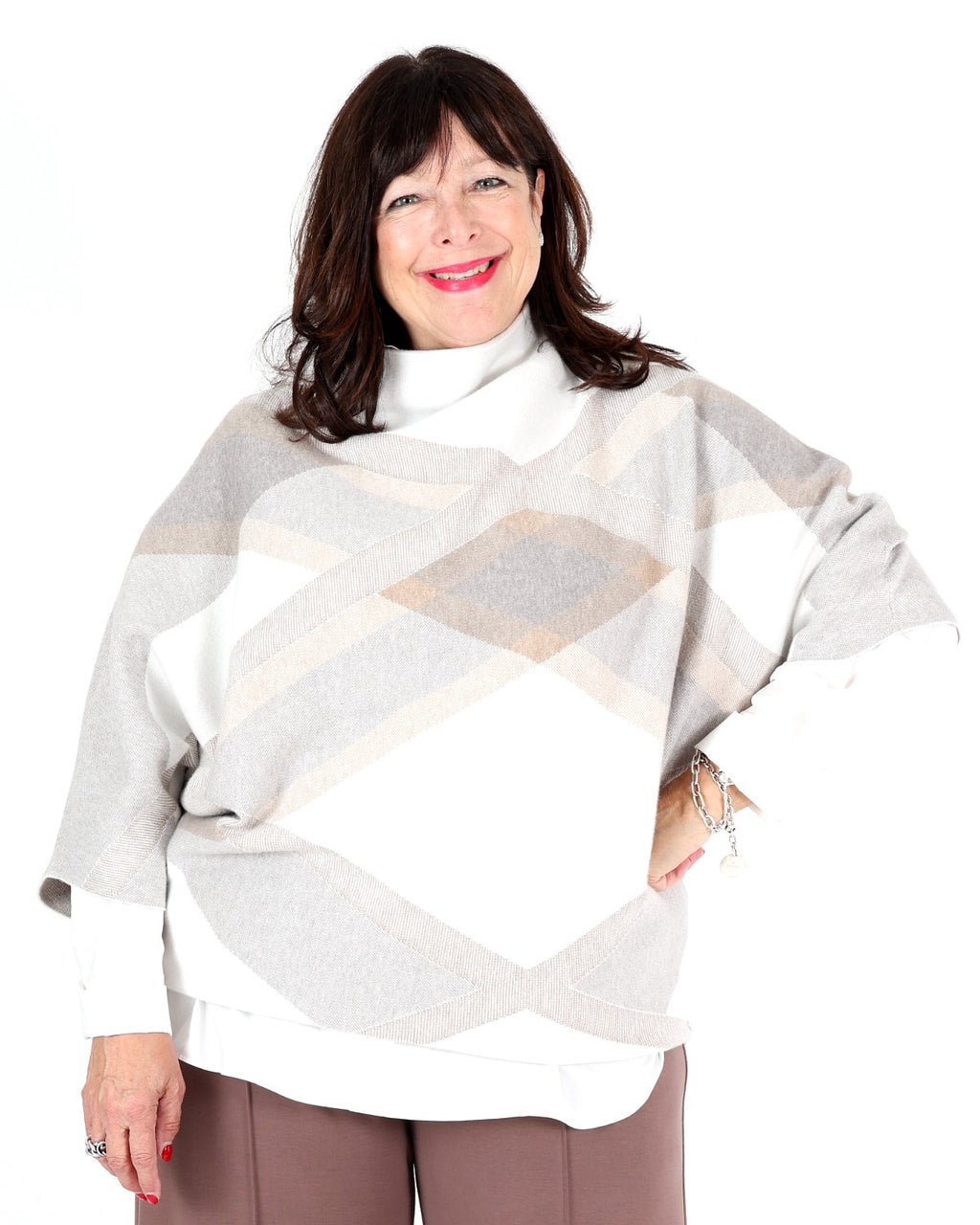 Tricot beige brossé à carreaux et col montant - Joseph Ribkoff