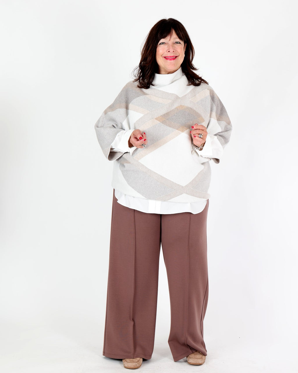 Tricot beige brossé à carreaux et col montant - Joseph Ribkoff