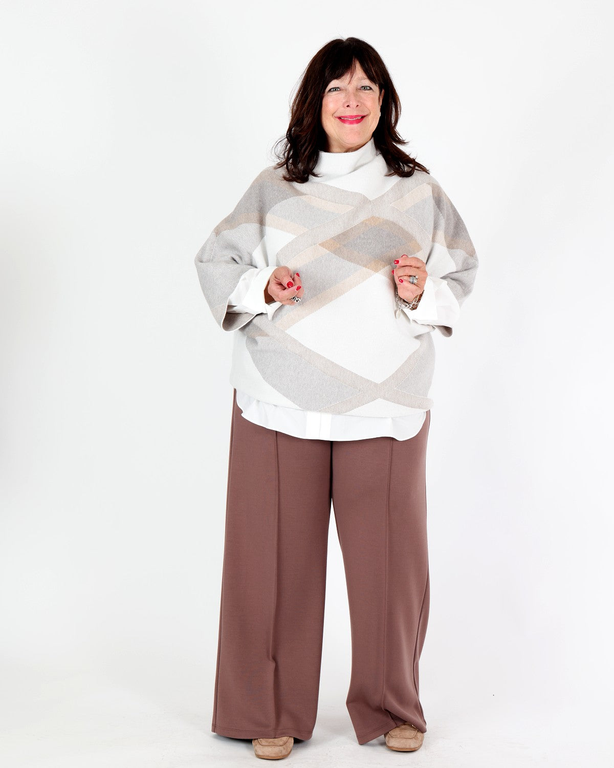 Tricot beige brossé à carreaux et col montant - Joseph Ribkoff