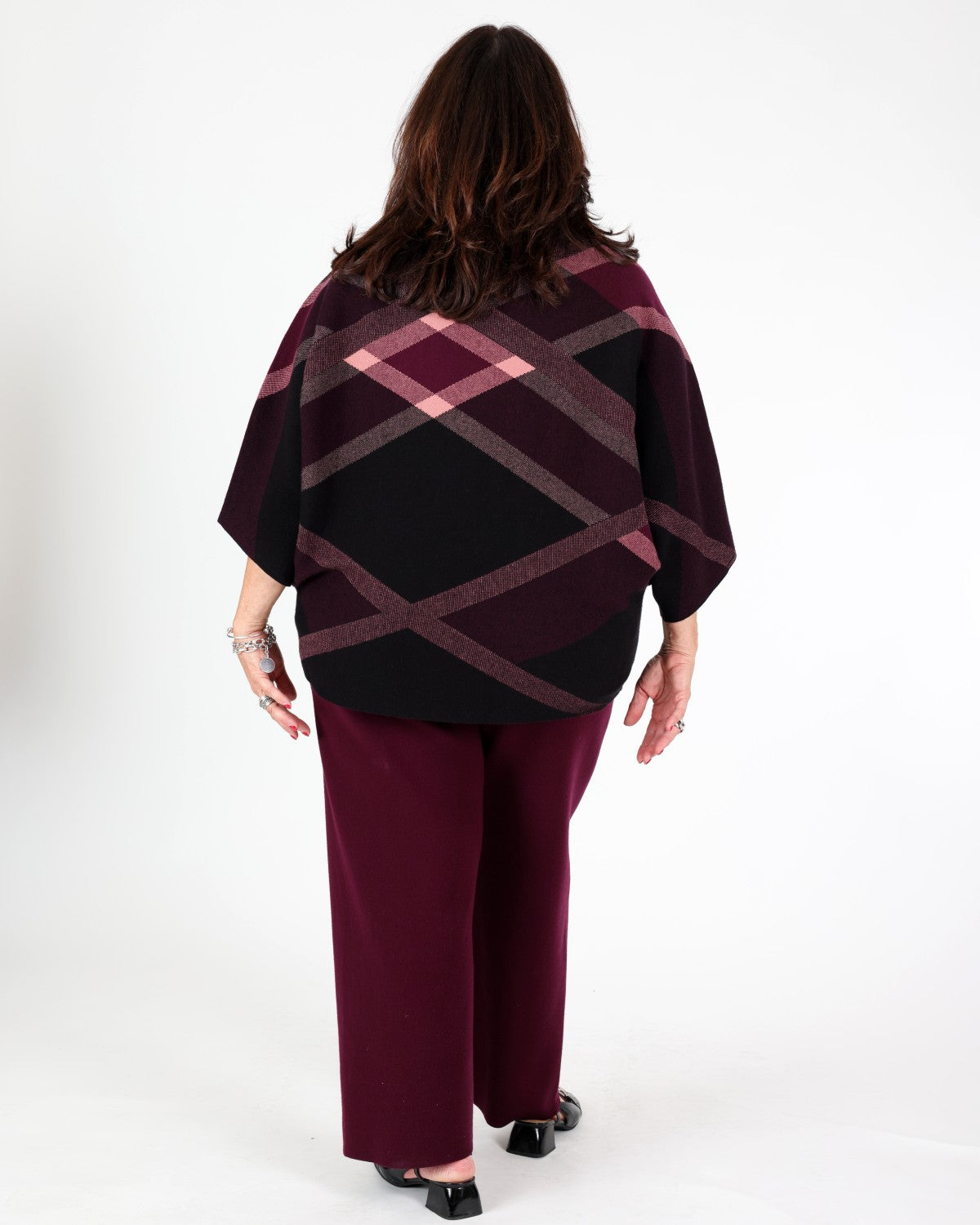 Tricot bourgogne brossé à carreaux et col montant - Joseph Ribkoff