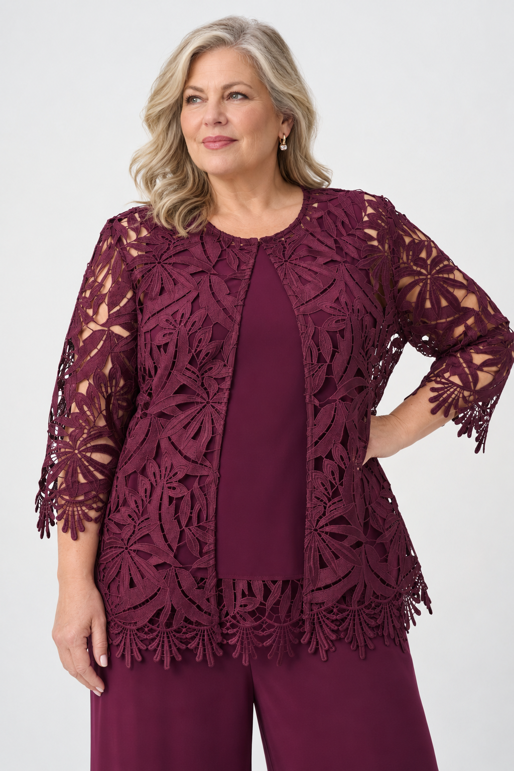 Burgundy guipure lace straight jacket - Joseph Ribkoff